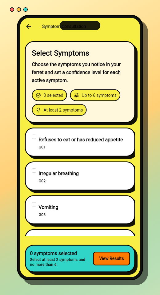 Ferret Health Assistant symptom consultation screen