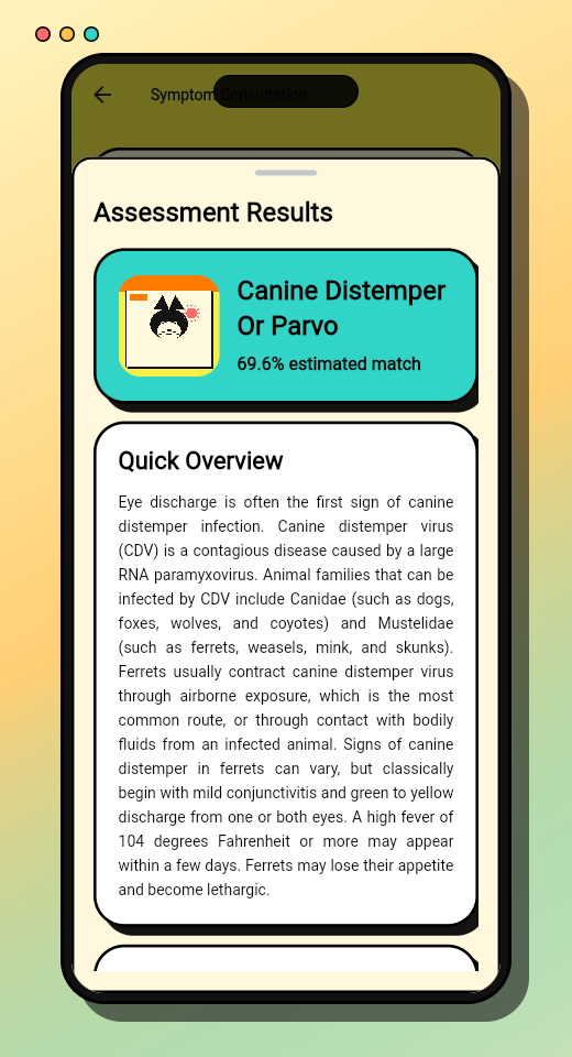 Ferret Health Assistant history screen
